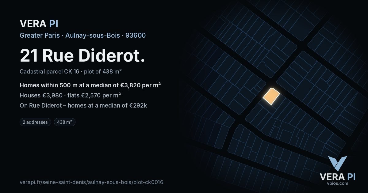 21 Rue Diderot, Aulnay-sous-Bois at night – the plot lit, the parcels around coloured by the prices near them