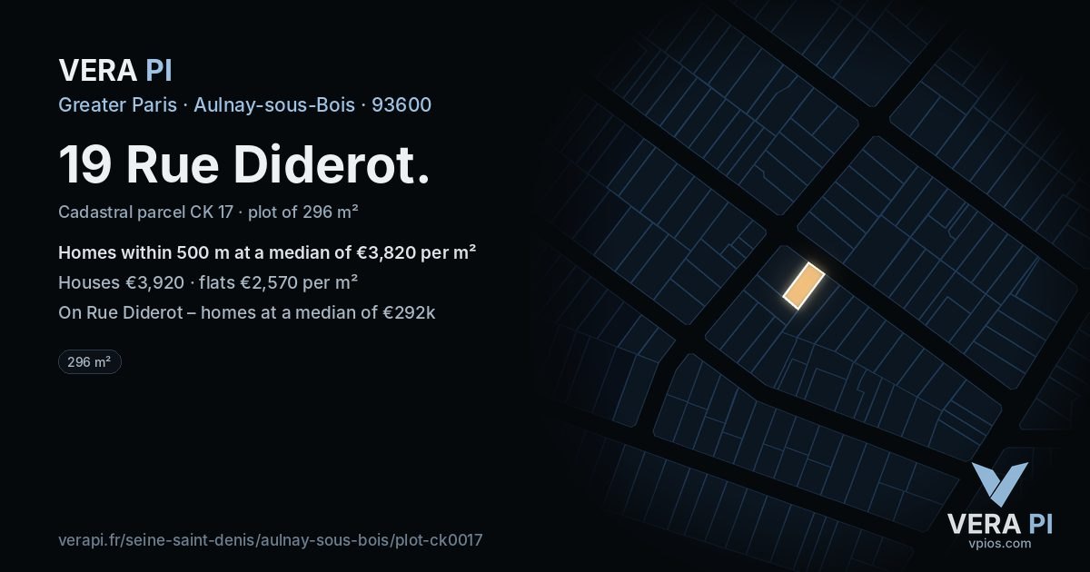 19 Rue Diderot, Aulnay-sous-Bois at night – the plot lit, the parcels around coloured by the prices near them