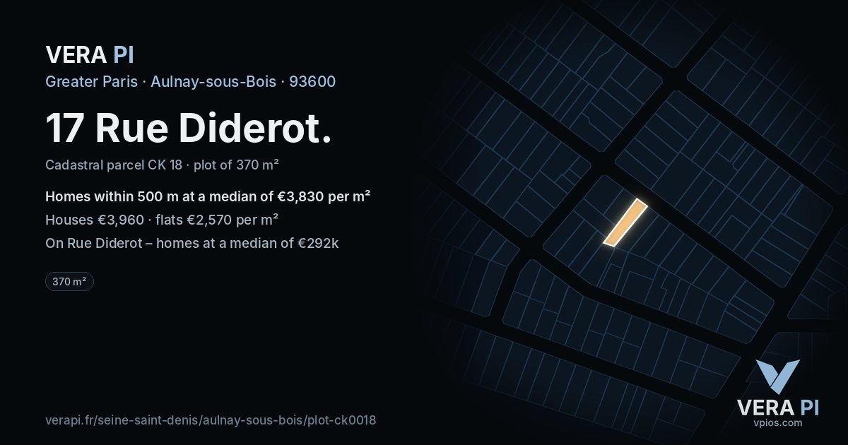 17 Rue Diderot, Aulnay-sous-Bois at night – the plot lit, the parcels around coloured by the prices near them
