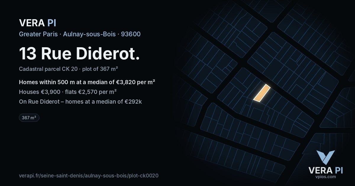 13 Rue Diderot, Aulnay-sous-Bois at night – the plot lit, the parcels around coloured by the prices near them