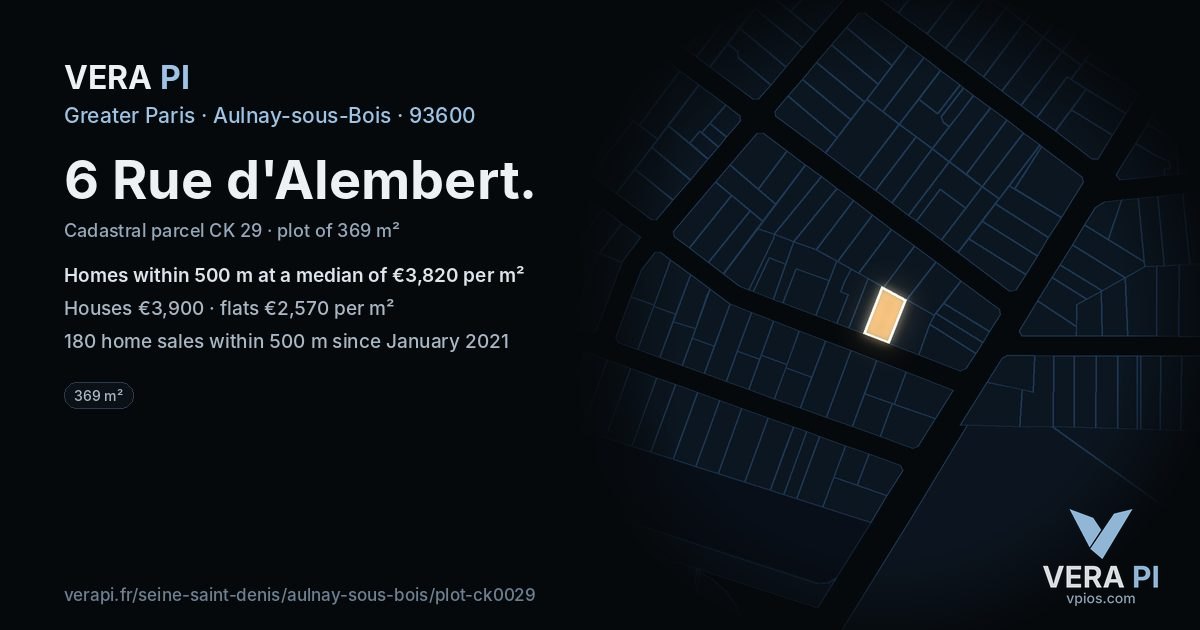 6 Rue d'Alembert, Aulnay-sous-Bois at night – the plot lit, the parcels around coloured by the prices near them