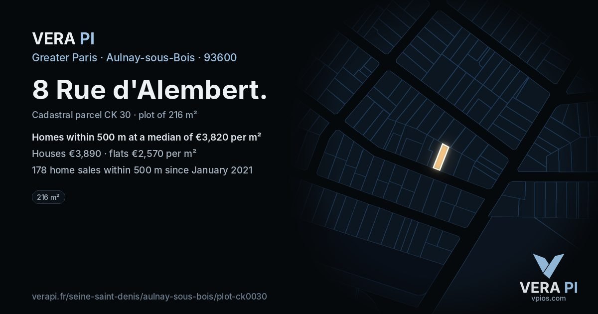 8 Rue d'Alembert, Aulnay-sous-Bois at night – the plot lit, the parcels around coloured by the prices near them