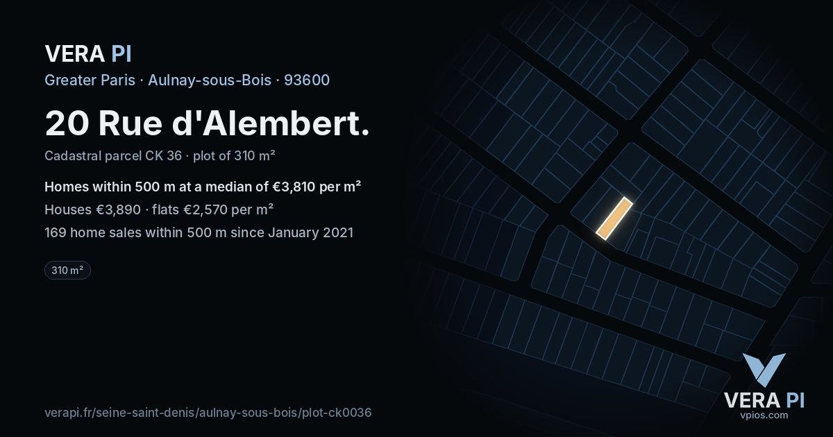 20 Rue d'Alembert, Aulnay-sous-Bois at night – the plot lit, the parcels around coloured by the prices near them