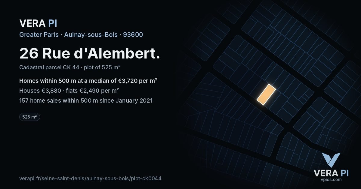 26 Rue d'Alembert, Aulnay-sous-Bois at night – the plot lit, the parcels around coloured by the prices near them