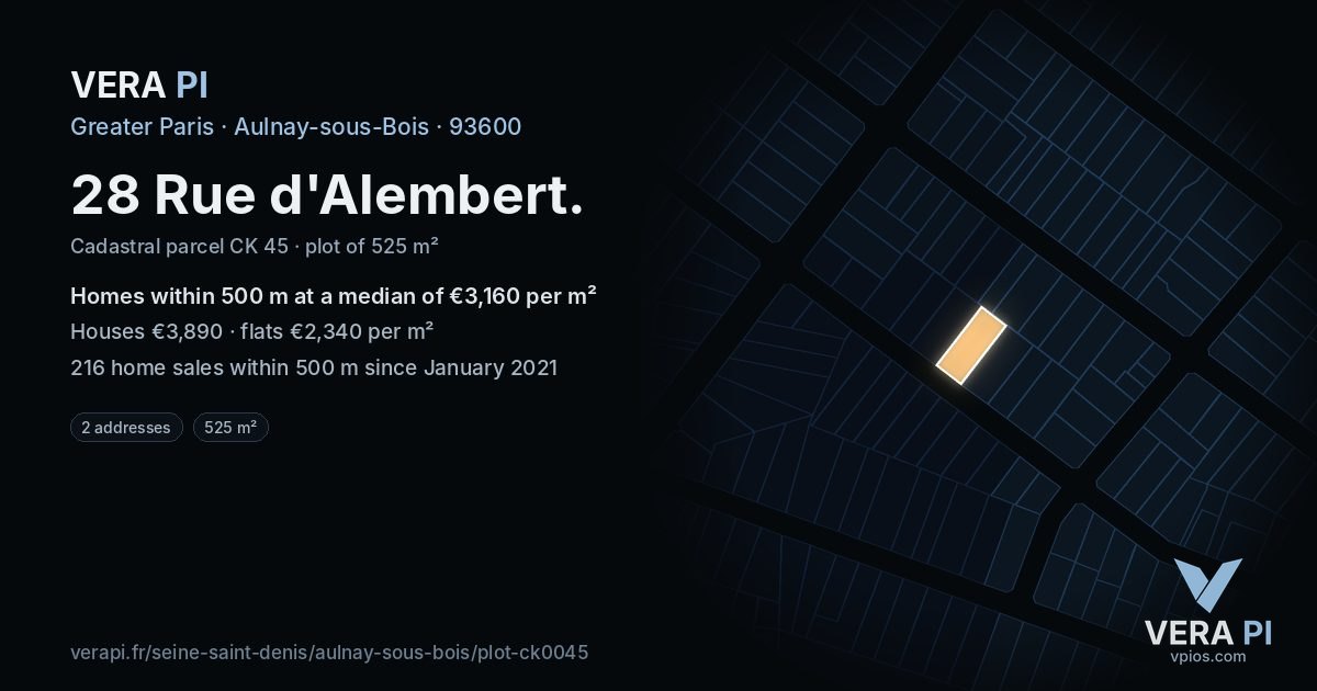 28 Rue d'Alembert, Aulnay-sous-Bois at night – the plot lit, the parcels around coloured by the prices near them