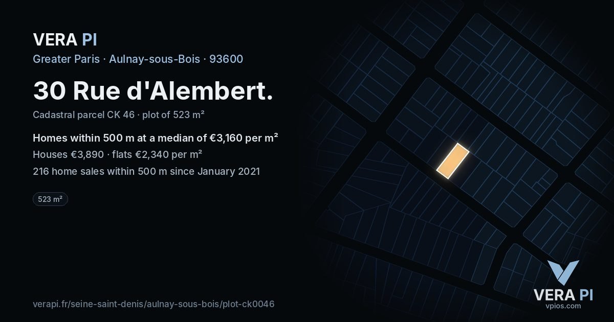 30 Rue d'Alembert, Aulnay-sous-Bois at night – the plot lit, the parcels around coloured by the prices near them
