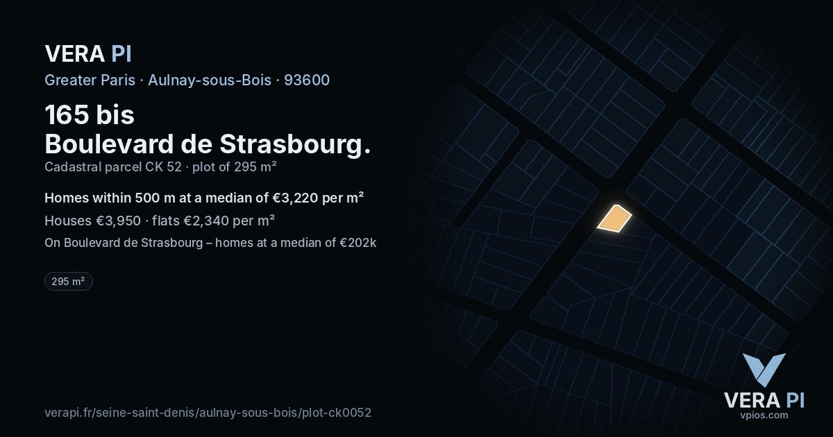 165 bis Boulevard de Strasbourg, Aulnay-sous-Bois at night – the plot lit, the parcels around coloured by the prices near them