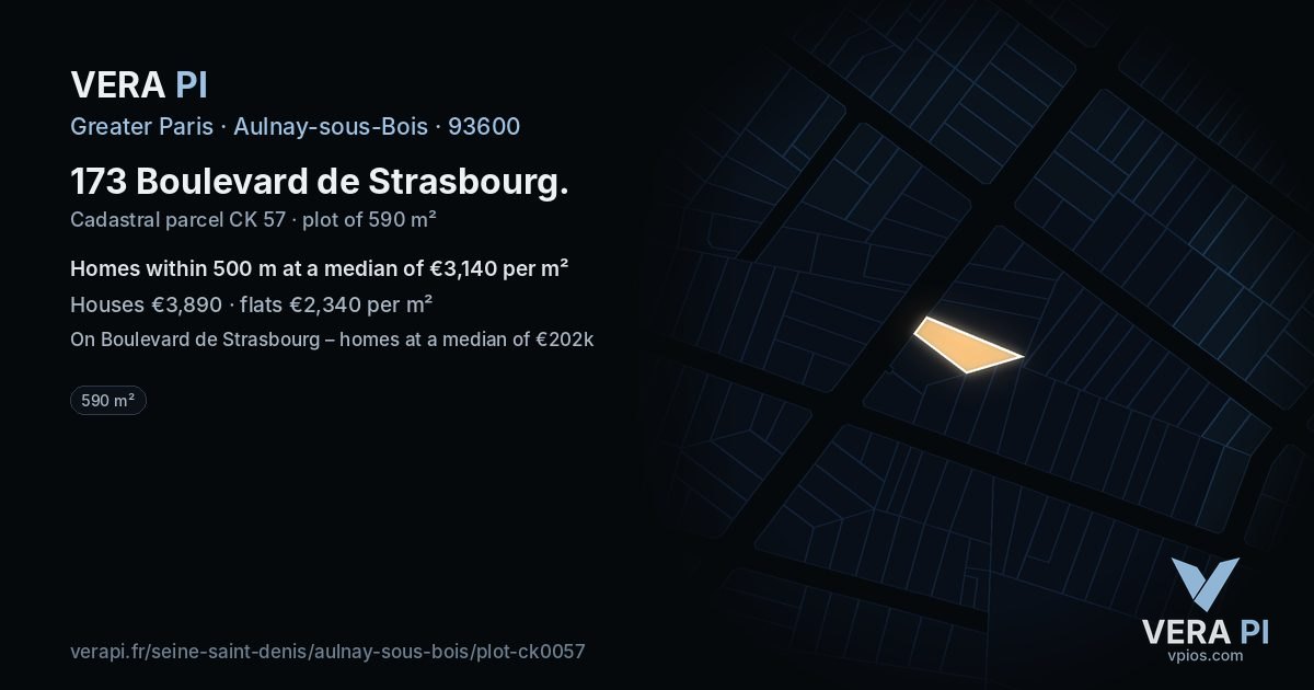173 Boulevard de Strasbourg, Aulnay-sous-Bois at night – the plot lit, the parcels around coloured by the prices near them