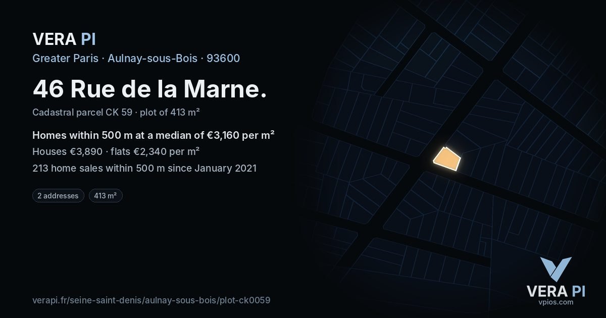 46 Rue de la Marne, Aulnay-sous-Bois at night – the plot lit, the parcels around coloured by the prices near them