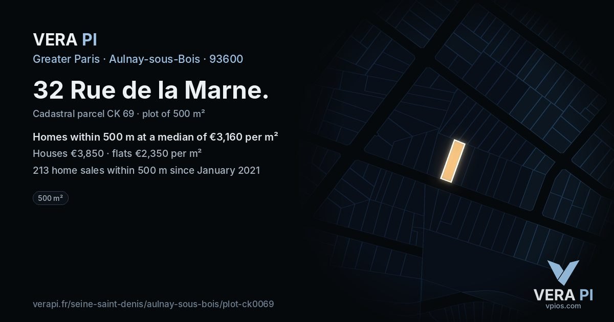 32 Rue de la Marne, Aulnay-sous-Bois at night – the plot lit, the parcels around coloured by the prices near them