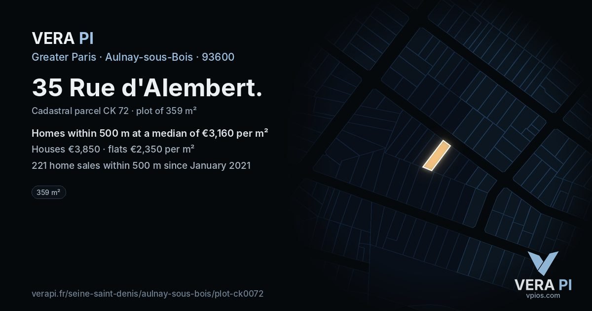 35 Rue d'Alembert, Aulnay-sous-Bois at night – the plot lit, the parcels around coloured by the prices near them