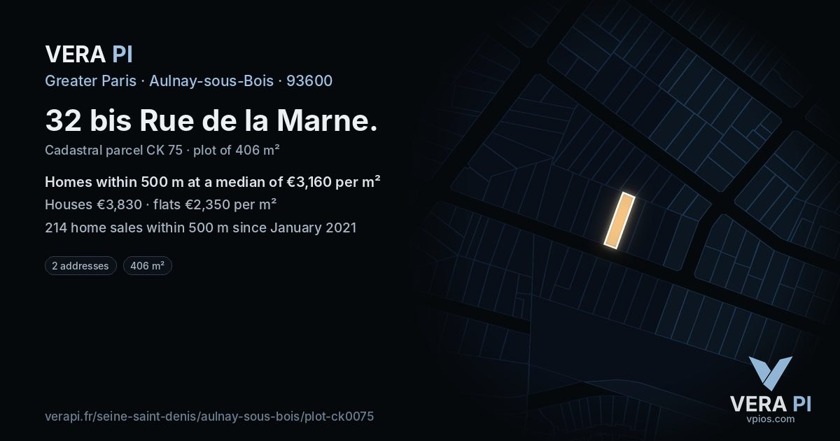 32 bis Rue de la Marne, Aulnay-sous-Bois at night – the plot lit, the parcels around coloured by the prices near them