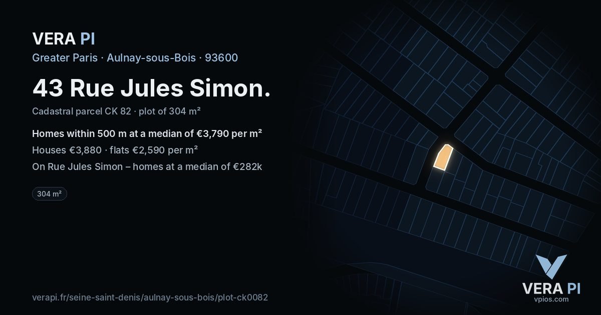 43 Rue Jules Simon, Aulnay-sous-Bois at night – the plot lit, the parcels around coloured by the prices near them