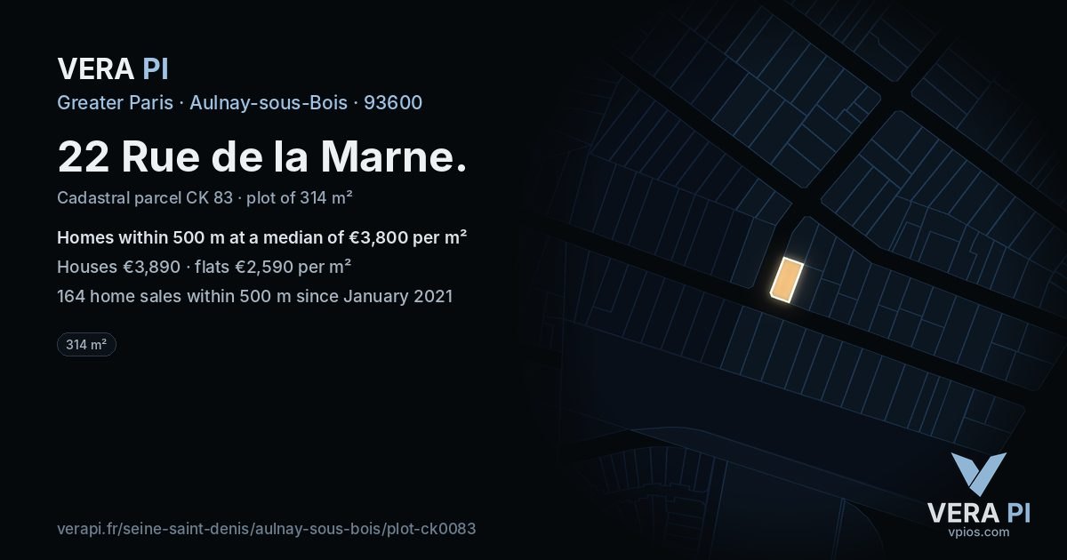 22 Rue de la Marne, Aulnay-sous-Bois at night – the plot lit, the parcels around coloured by the prices near them