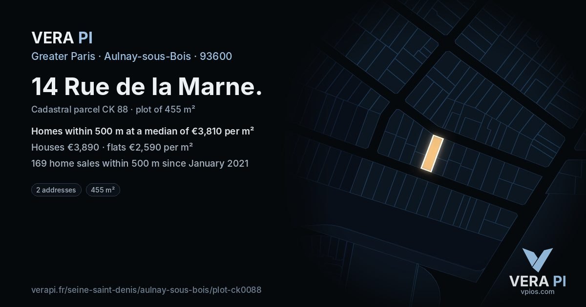 14 Rue de la Marne, Aulnay-sous-Bois at night – the plot lit, the parcels around coloured by the prices near them