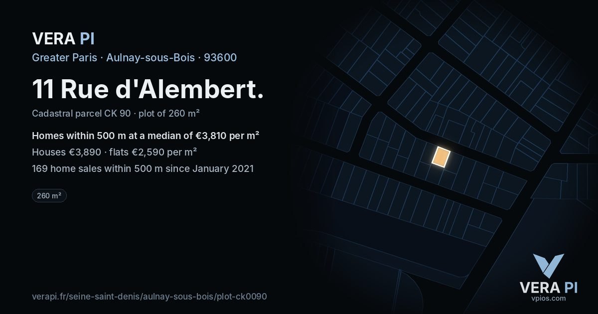 11 Rue d'Alembert, Aulnay-sous-Bois at night – the plot lit, the parcels around coloured by the prices near them