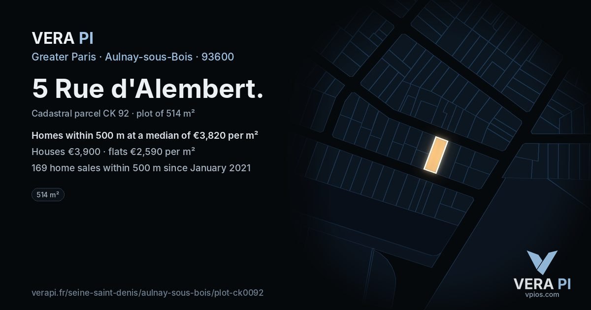 5 Rue d'Alembert, Aulnay-sous-Bois at night – the plot lit, the parcels around coloured by the prices near them