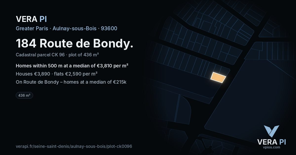 184 Route de Bondy, Aulnay-sous-Bois at night – the plot lit, the parcels around coloured by the prices near them