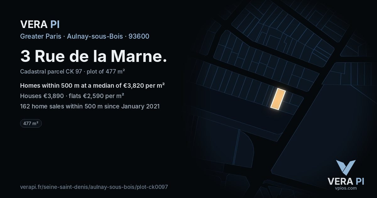 3 Rue de la Marne, Aulnay-sous-Bois at night – the plot lit, the parcels around coloured by the prices near them