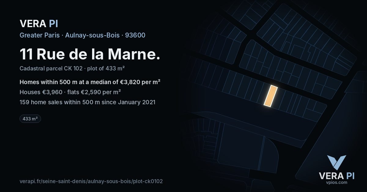 11 Rue de la Marne, Aulnay-sous-Bois at night – the plot lit, the parcels around coloured by the prices near them