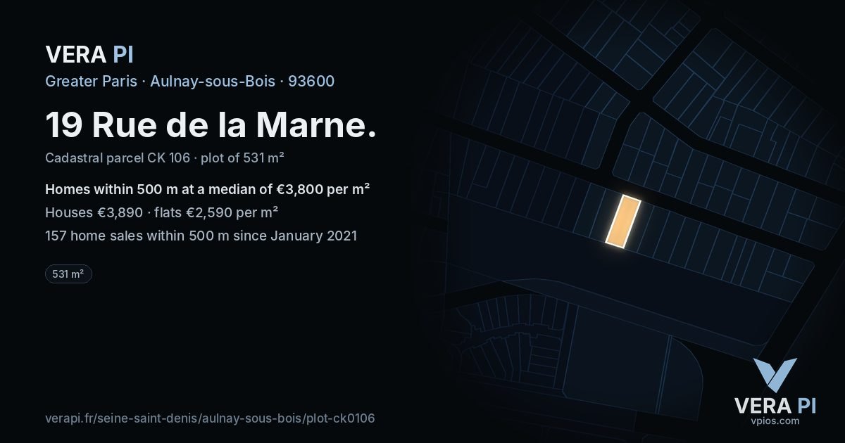 19 Rue de la Marne, Aulnay-sous-Bois at night – the plot lit, the parcels around coloured by the prices near them