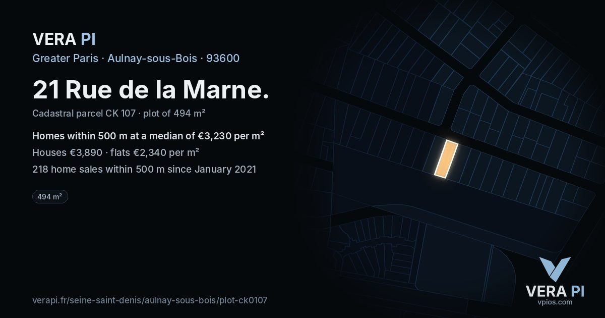 21 Rue de la Marne, Aulnay-sous-Bois at night – the plot lit, the parcels around coloured by the prices near them