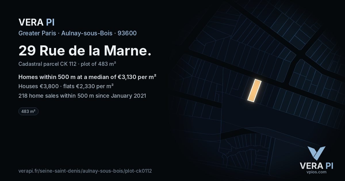 29 Rue de la Marne, Aulnay-sous-Bois at night – the plot lit, the parcels around coloured by the prices near them