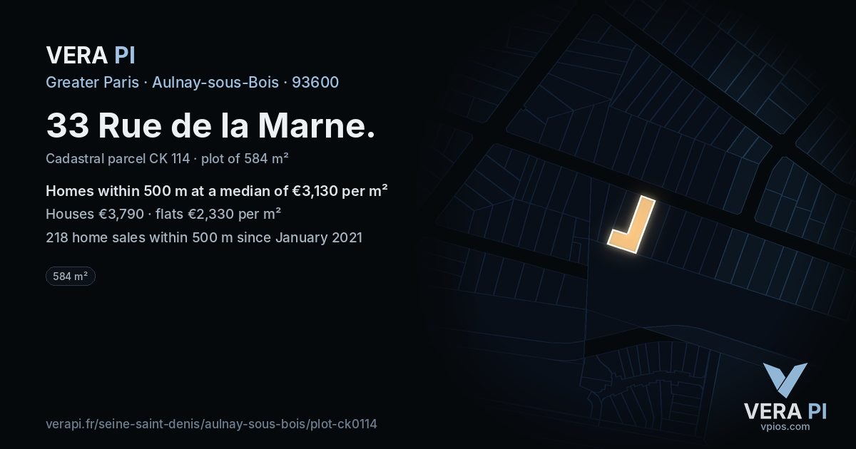 33 Rue de la Marne, Aulnay-sous-Bois at night – the plot lit, the parcels around coloured by the prices near them