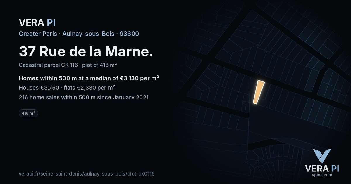 37 Rue de la Marne, Aulnay-sous-Bois at night – the plot lit, the parcels around coloured by the prices near them