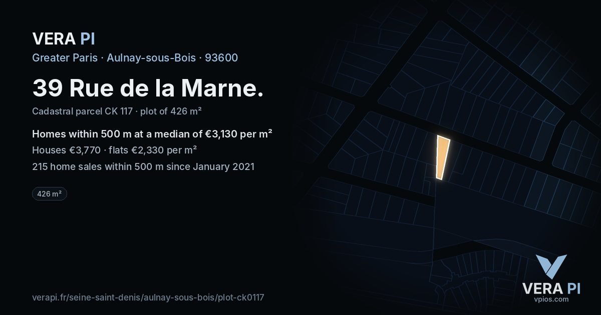 39 Rue de la Marne, Aulnay-sous-Bois at night – the plot lit, the parcels around coloured by the prices near them