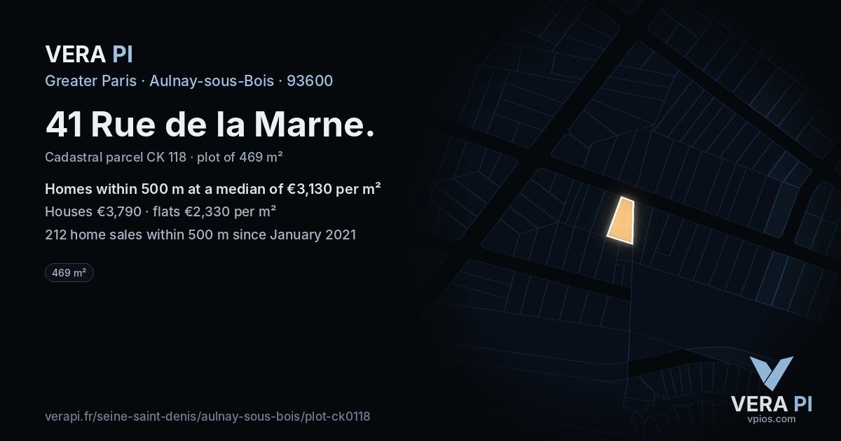 41 Rue de la Marne, Aulnay-sous-Bois at night – the plot lit, the parcels around coloured by the prices near them