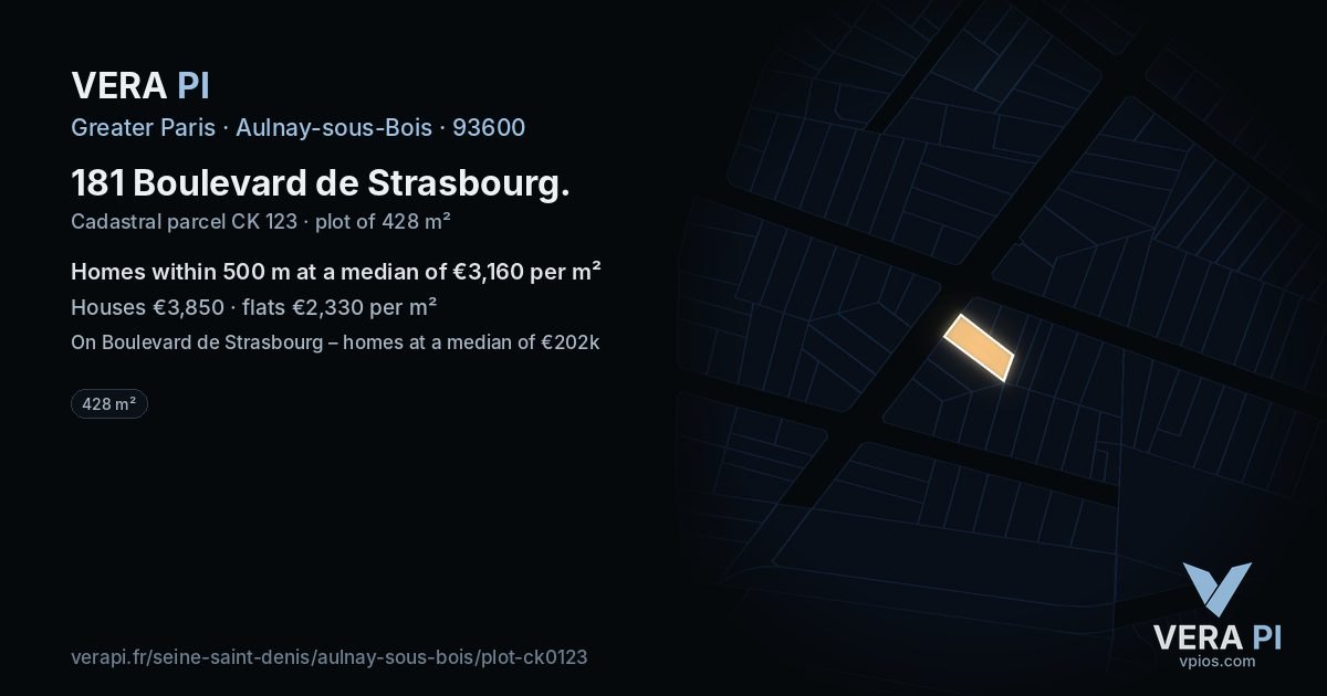 181 Boulevard de Strasbourg, Aulnay-sous-Bois at night – the plot lit, the parcels around coloured by the prices near them