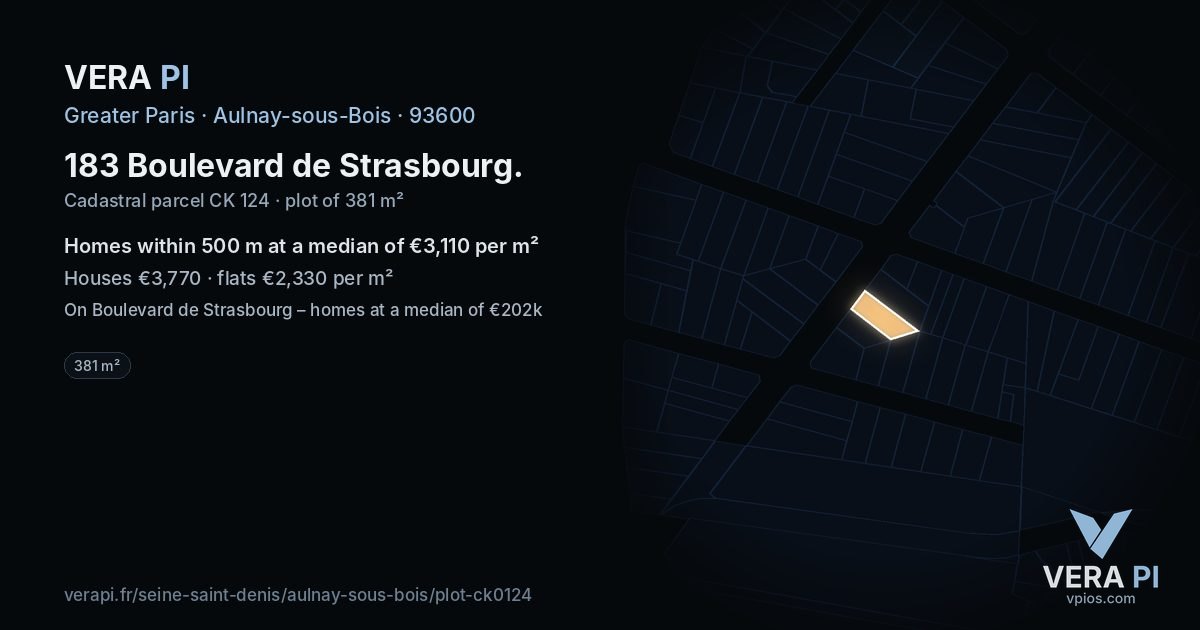 183 Boulevard de Strasbourg, Aulnay-sous-Bois at night – the plot lit, the parcels around coloured by the prices near them