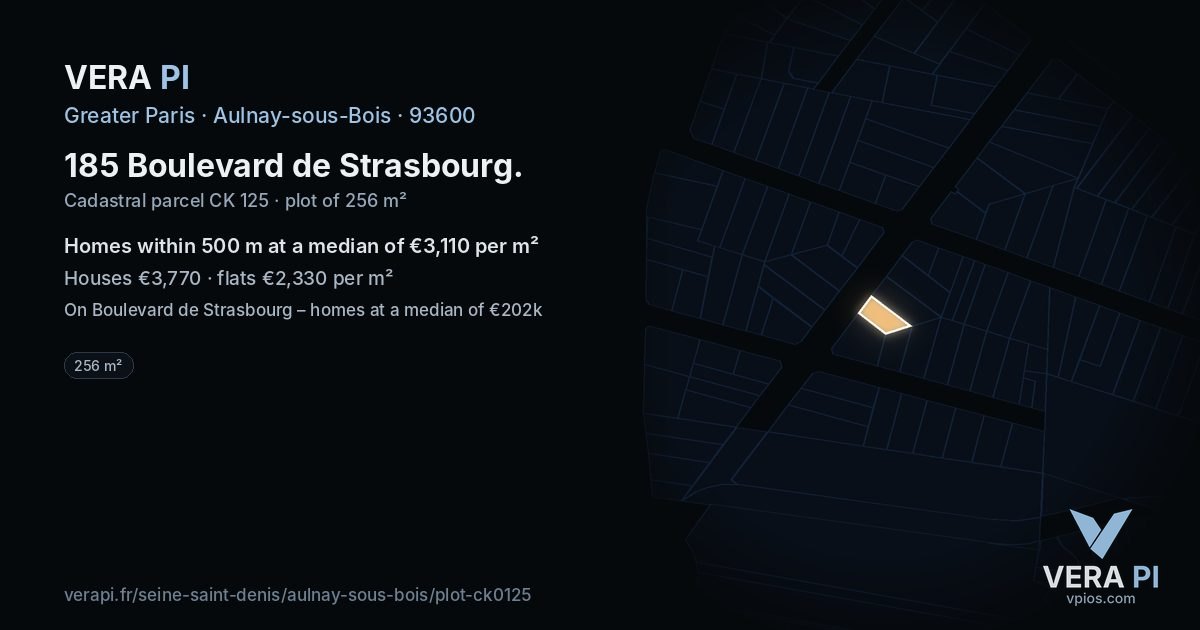 185 Boulevard de Strasbourg, Aulnay-sous-Bois at night – the plot lit, the parcels around coloured by the prices near them
