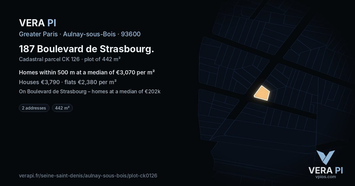 187 Boulevard de Strasbourg, Aulnay-sous-Bois at night – the plot lit, the parcels around coloured by the prices near them