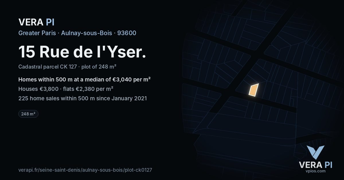 15 Rue de l'Yser, Aulnay-sous-Bois at night – the plot lit, the parcels around coloured by the prices near them