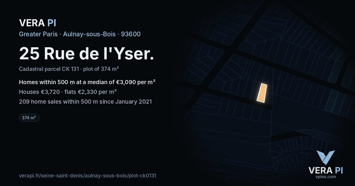 25 Rue de l'Yser, Aulnay-sous-Bois at night – the plot lit, the parcels around coloured by the prices near them