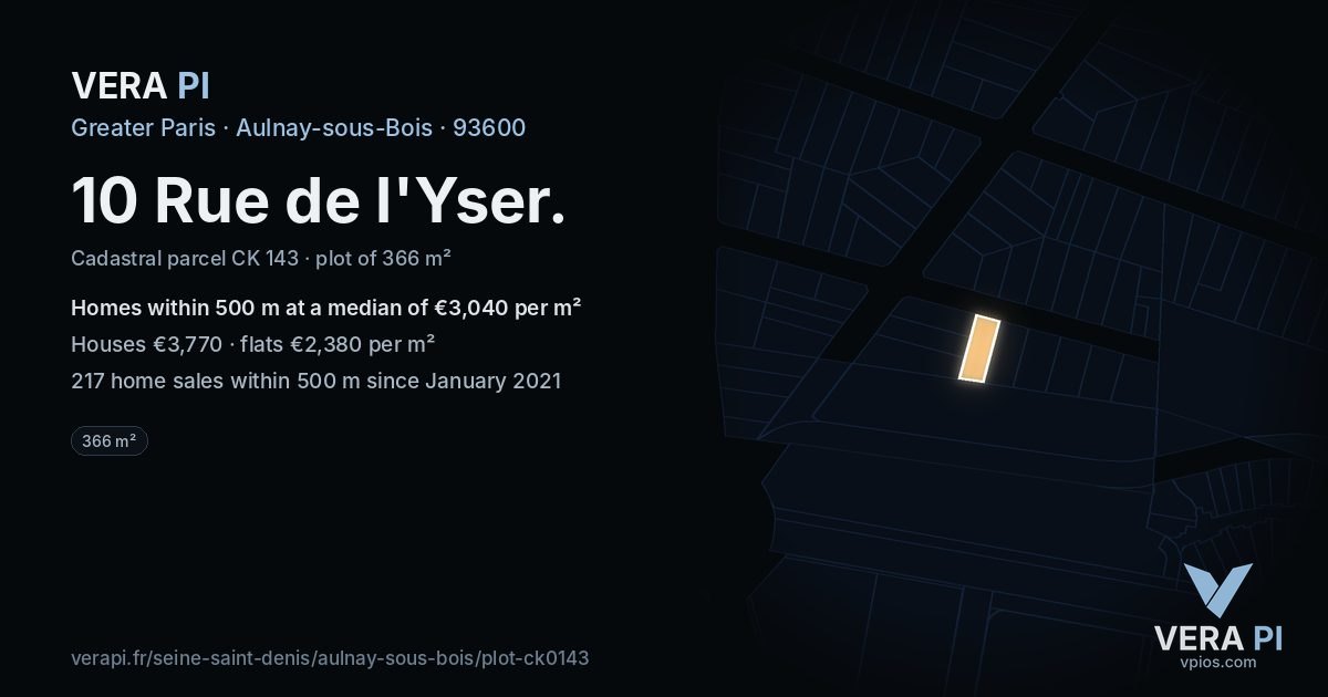 10 Rue de l'Yser, Aulnay-sous-Bois at night – the plot lit, the parcels around coloured by the prices near them