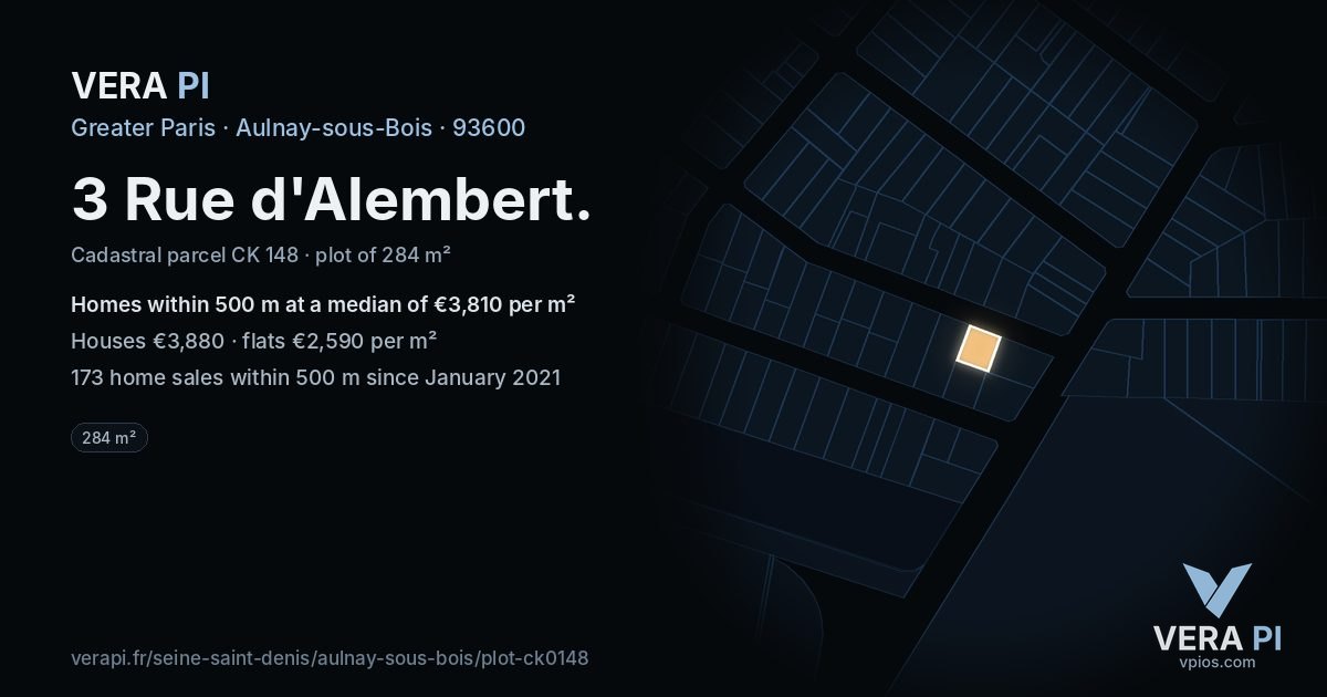 3 Rue d'Alembert, Aulnay-sous-Bois at night – the plot lit, the parcels around coloured by the prices near them