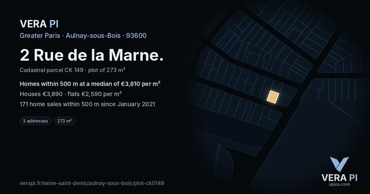 2 Rue de la Marne, Aulnay-sous-Bois at night – the plot lit, the parcels around coloured by the prices near them