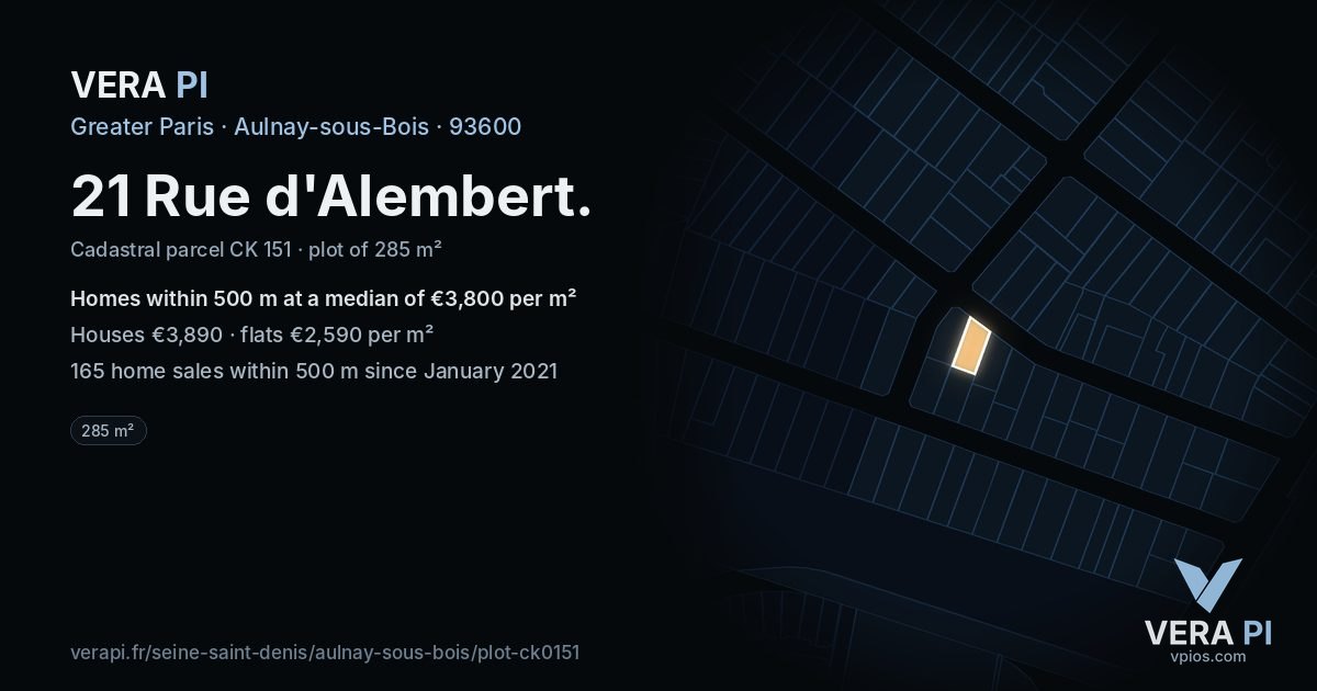 21 Rue d'Alembert, Aulnay-sous-Bois at night – the plot lit, the parcels around coloured by the prices near them
