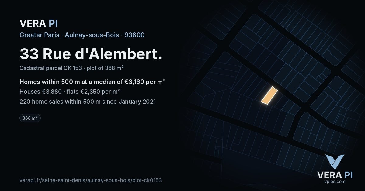 33 Rue d'Alembert, Aulnay-sous-Bois at night – the plot lit, the parcels around coloured by the prices near them