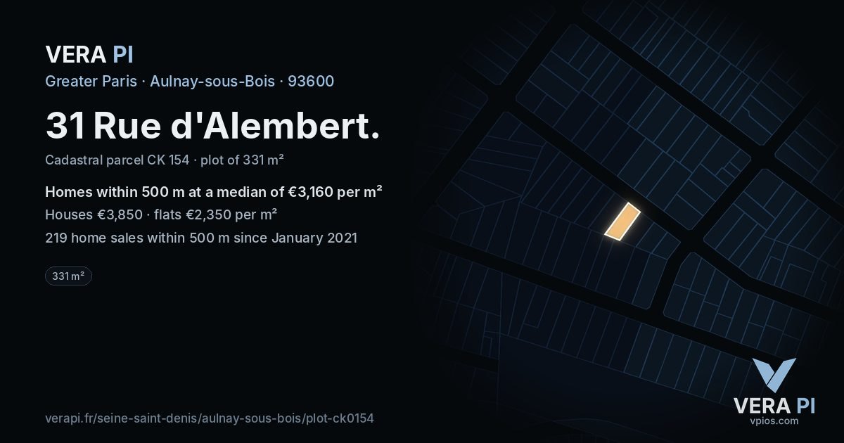 31 Rue d'Alembert, Aulnay-sous-Bois at night – the plot lit, the parcels around coloured by the prices near them