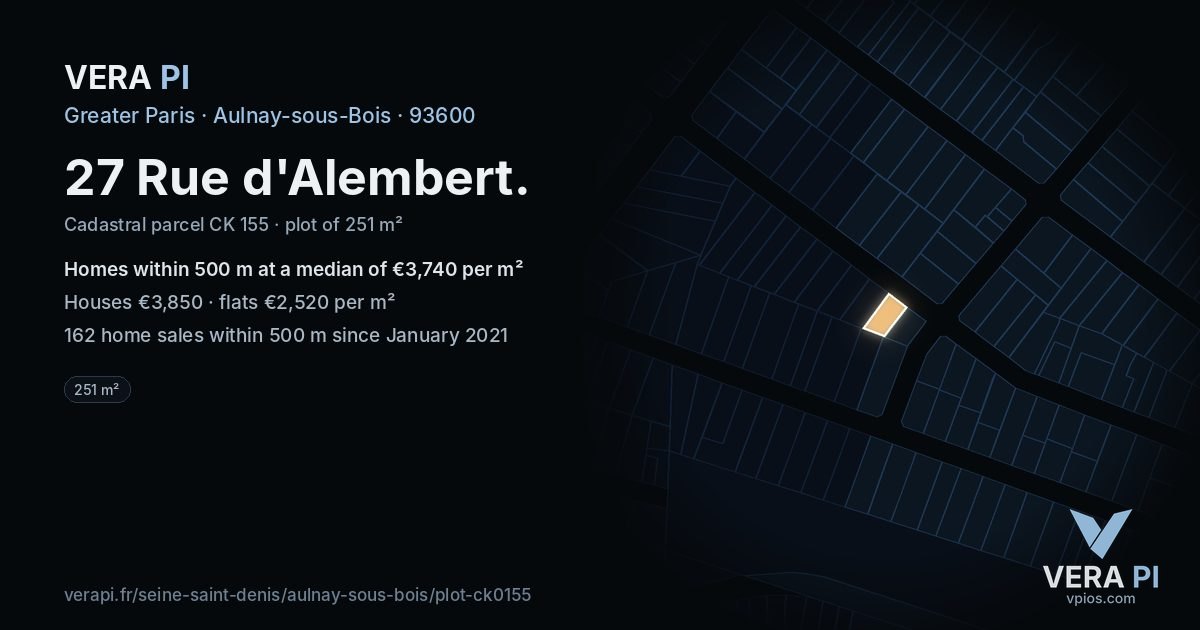 27 Rue d'Alembert, Aulnay-sous-Bois at night – the plot lit, the parcels around coloured by the prices near them