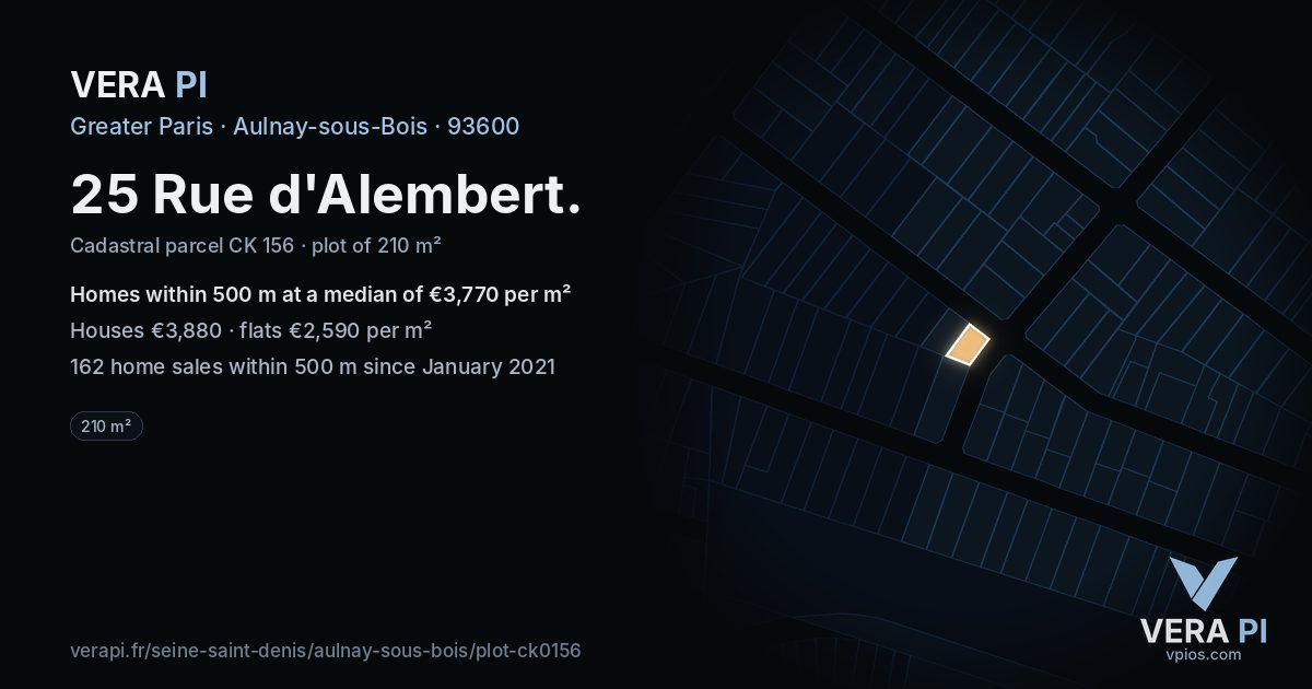 25 Rue d'Alembert, Aulnay-sous-Bois at night – the plot lit, the parcels around coloured by the prices near them