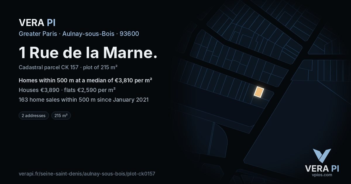 1 Rue de la Marne, Aulnay-sous-Bois at night – the plot lit, the parcels around coloured by the prices near them