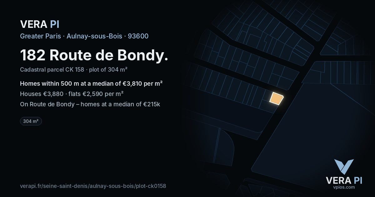 182 Route de Bondy, Aulnay-sous-Bois at night – the plot lit, the parcels around coloured by the prices near them