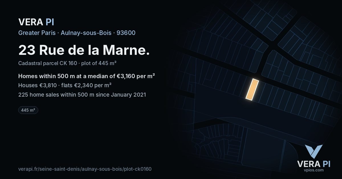 23 Rue de la Marne, Aulnay-sous-Bois at night – the plot lit, the parcels around coloured by the prices near them