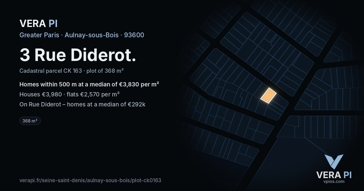 3 Rue Diderot, Aulnay-sous-Bois at night – the plot lit, the parcels around coloured by the prices near them