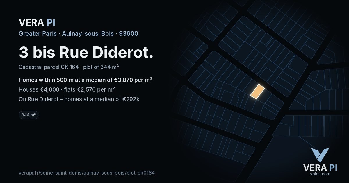 3 bis Rue Diderot, Aulnay-sous-Bois at night – the plot lit, the parcels around coloured by the prices near them